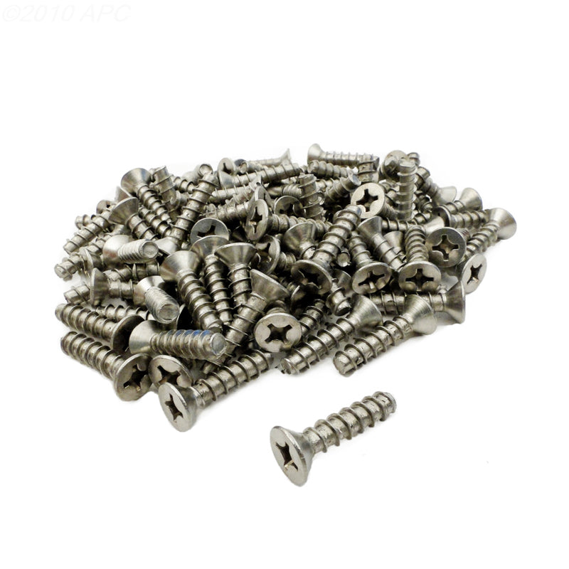 Pile of 100 genuine All-Tech APCSKIM 1-inch stainless steel replacement pool skimmer faceplate screws.