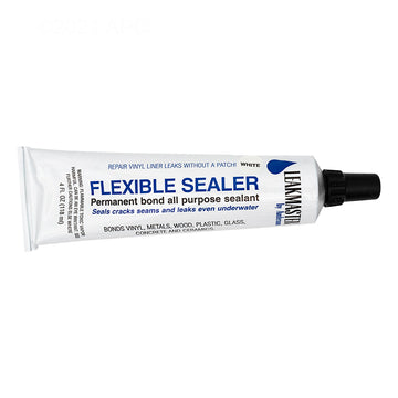 Side view of the Anderson LeakMaster FS4W white flexible pool repair sealer 4 oz tube with a black cap.