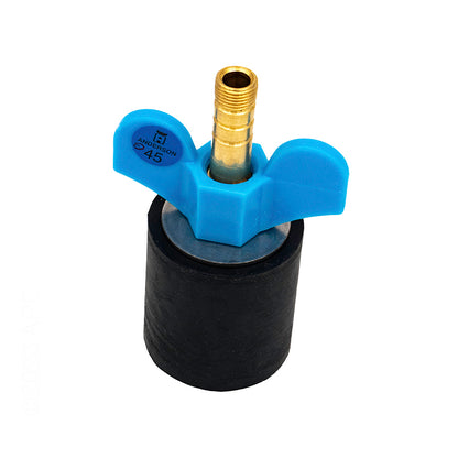 Angled side view of the Anderson O45 1.5-inch pool winterizing plug showing the brass hose barb and blue expanding wing nut.