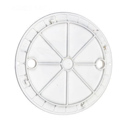 Bottom underside view of Anthony Sylvan 59200209 white PVC skimmer lid showing the support ribbing and inner alignment rim