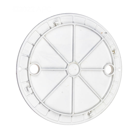 Bottom underside view of Anthony Sylvan 59200209 white PVC skimmer lid showing the support ribbing and inner alignment rim