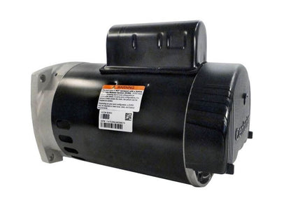 Side view of AO Smith B2853V1 pool motor showing the technical data label, cooling vents, and top-mounted capacitor.