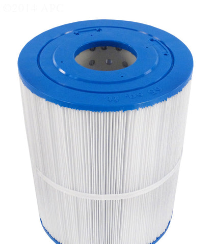 Top view of the APC APCC7215 spa filter showing the 3-inch open hole and reinforced blue end cap for Watkins and Hot Spring spas.