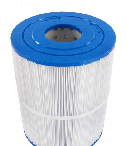 Top view of the APC APCC7215 spa filter showing the 3-inch open hole and reinforced blue end cap for Watkins and Hot Spring spas.