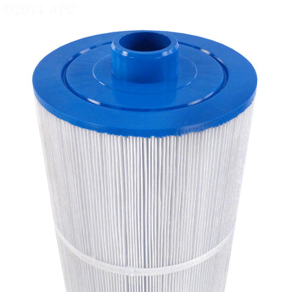 Close-up of the APC APCC7233 spa filter bottom showing the 2-inch male slip connection and reinforced blue end cap for Coleman and Maax Spas.