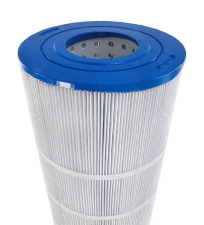 Top view of the APC APCC7236 filter cartridge showing the 4-inch open hole with a blue molded gasket for a bypass-free seal.