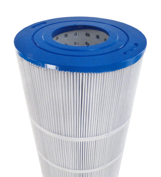 Top view of the APC APCC7236 filter cartridge showing the 4-inch open hole with a blue molded gasket for a bypass-free seal.