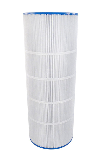 Full profile view of the APC APCC7236 replacement filter cartridge, showcasing its 23 5/16 inch length and 150 sq ft of high-capacity pleated media.