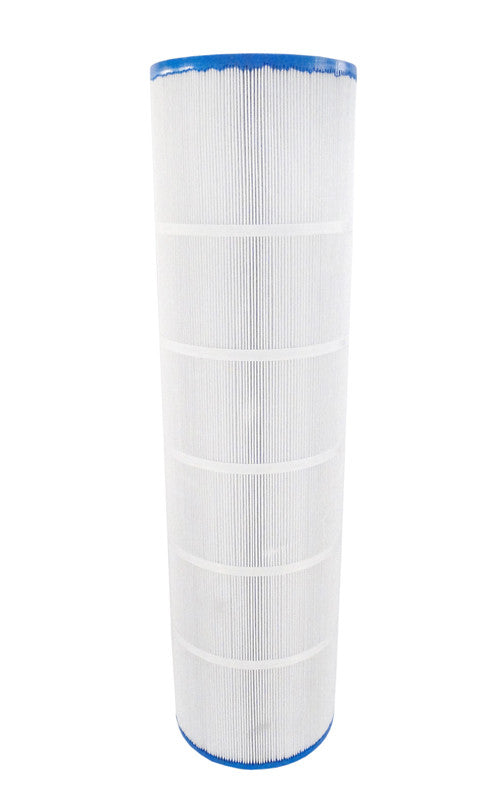 Full-length view of the APC APCC7296 replacement filter cartridge with blue end caps and reinforced bands, designed for Pentair Clean & Clear Plus 420 systems.