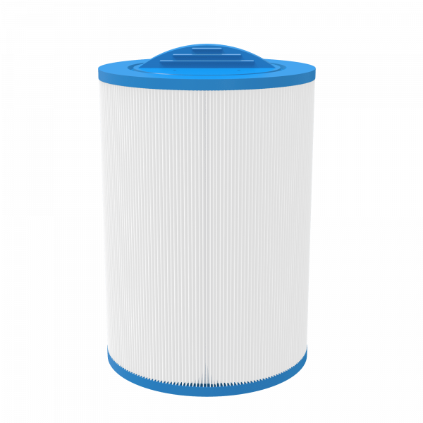 Full side view of APC APCC7373 Spa Filter highlighting the integrated blue molded handle top for easy removal and installation.