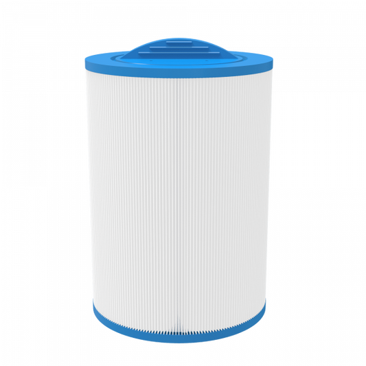 Full side view of APC APCC7373 Spa Filter highlighting the integrated blue molded handle top for easy removal and installation.