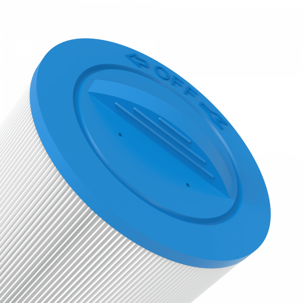 Top-down view of the APC APCC7373 Spa Filter showing the integrated blue molded handle for easy removal from Coleman and Maax spa housings.