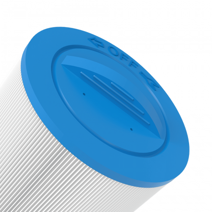 Top-down view of the APC APCC7373 Spa Filter showing the integrated blue molded handle for easy removal from Coleman and Maax spa housings.