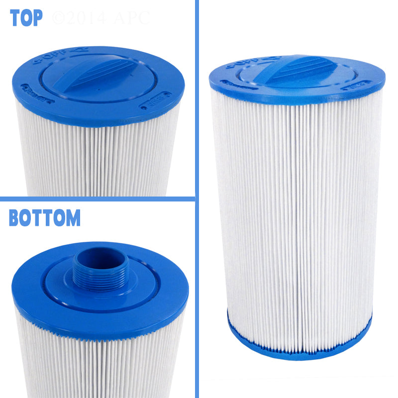 Top and bottom views of APCC7672 pool filter cartridge showing the 4-inch open hole and blue end caps for Sta-Rite and Waterway systems.