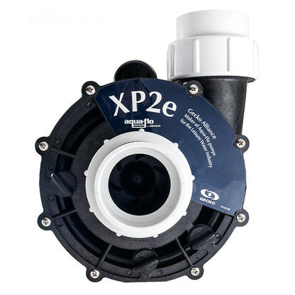Aqua-Flo XP2e 3 HP 230V 2-Speed 56Y Spa Pump - AF053340122040 - Front View with Gecko Alliance Label, 2-Inch Unions, and Drain Plugs