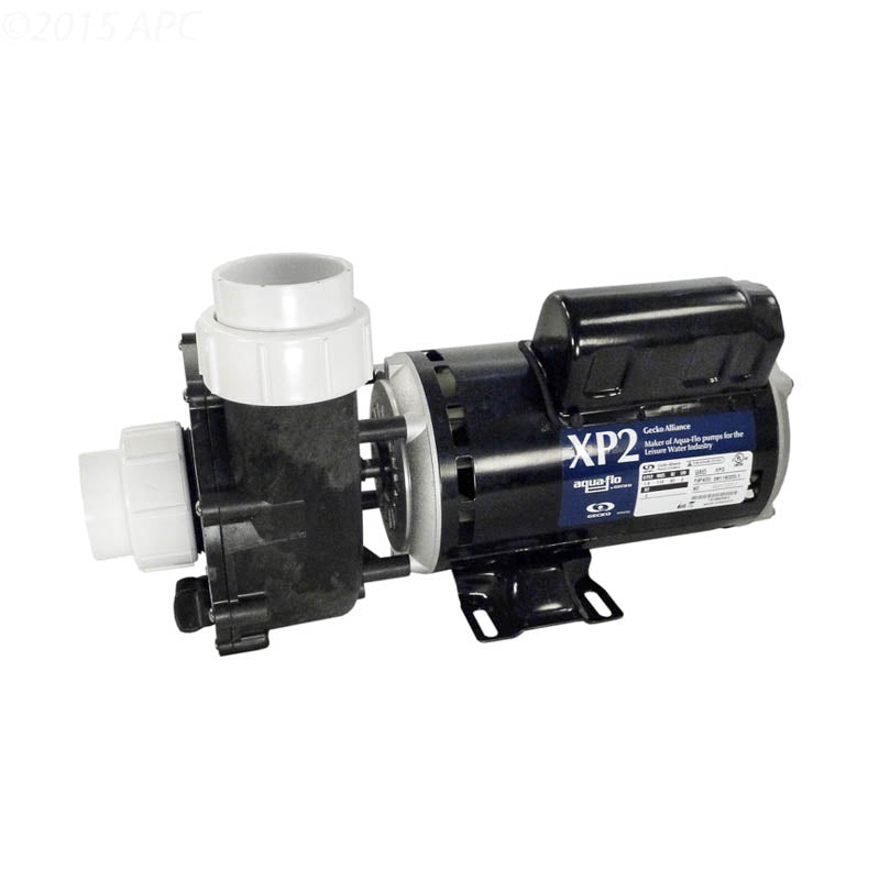 Aqua-Flo Flo-Master XP2 1.5HP 115V 2-Speed Spa Pump (AF061150001040) - Complete unit with black motor and white side-discharge plumbing unions on a white background.