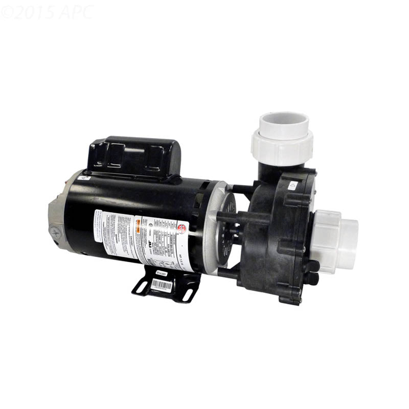 Aqua-Flo Flo-Master XP2 1.5HP 115V 2-Speed Spa Pump (AF061150001040) — side profile showing the black motor assembly, mounted base, and wet end with white plumbing unions attached.
