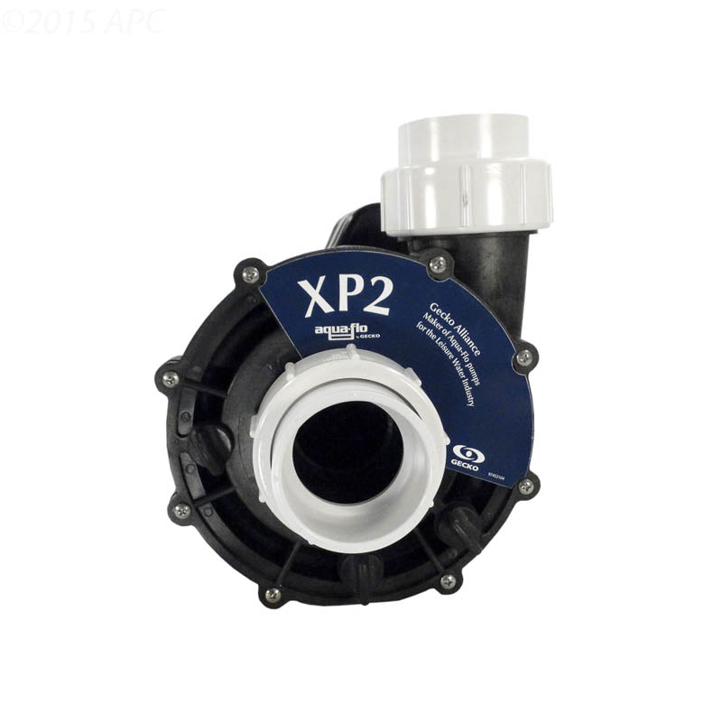 Aqua-Flo Flo-Master XP2 1.5HP 115V 2-Speed Spa Pump (AF061150001040) — rear wet end view highlighting the circular suction intake, side discharge orientation, XP2 branding sticker, and white plumbing union fittings.