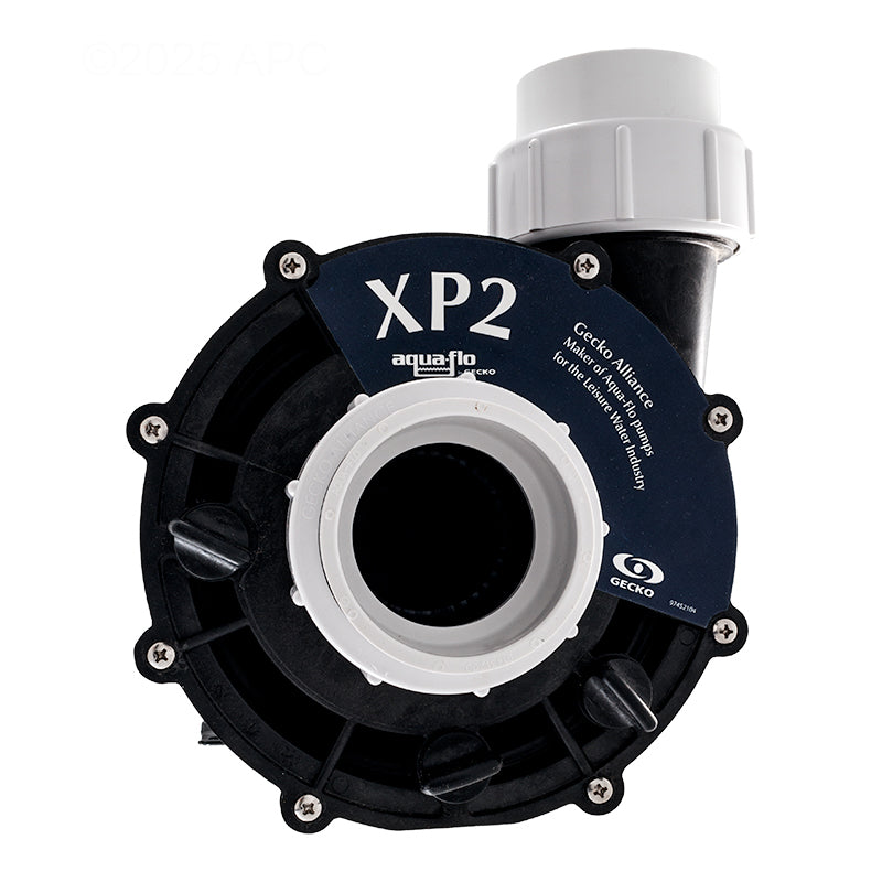 Aqua-Flo Flo-Master XP2 2HP 230V 2-Speed Spa Pump (AF061205002040) — Front face view of the black wet end volute showing the suction intake port, white plumbing union connection, and the central XP2 Gecko Alliance product logo sticker.