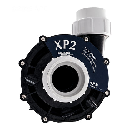 Aqua-Flo Flo-Master XP2 2HP 230V 2-Speed Spa Pump (AF061205002040) — Front face view of the black wet end volute showing the suction intake port, white plumbing union connection, and the central XP2 Gecko Alliance product logo sticker.