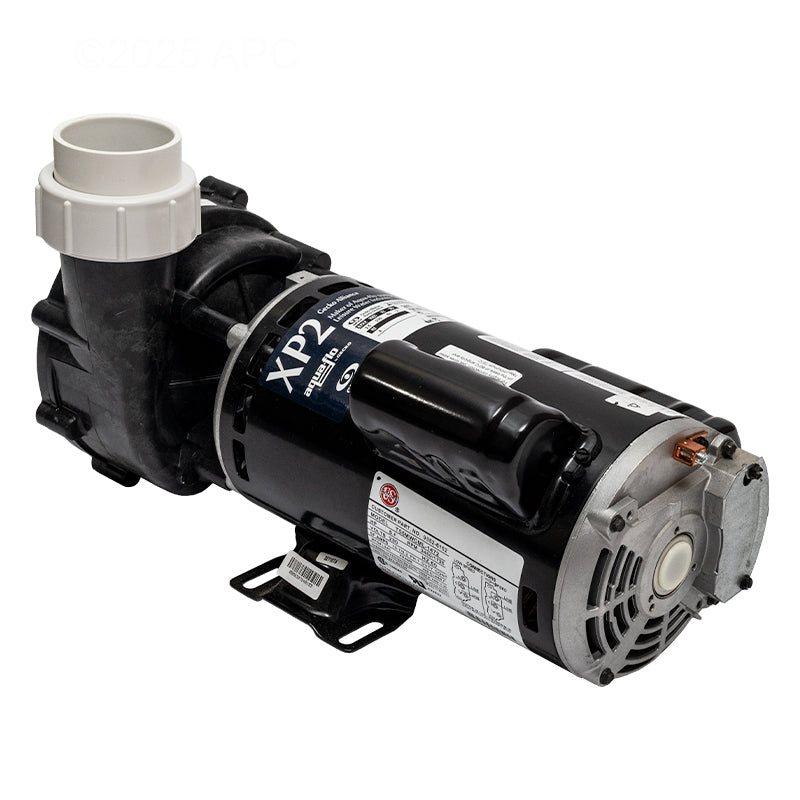 Aqua-Flo Flo-Master XP2 2.5HP 230V 2-Speed Spa Pump (AF061250001040) — Rear angle perspective showing the silver metal motor end cap, through-bolts, and incoming power terminal connection cover.