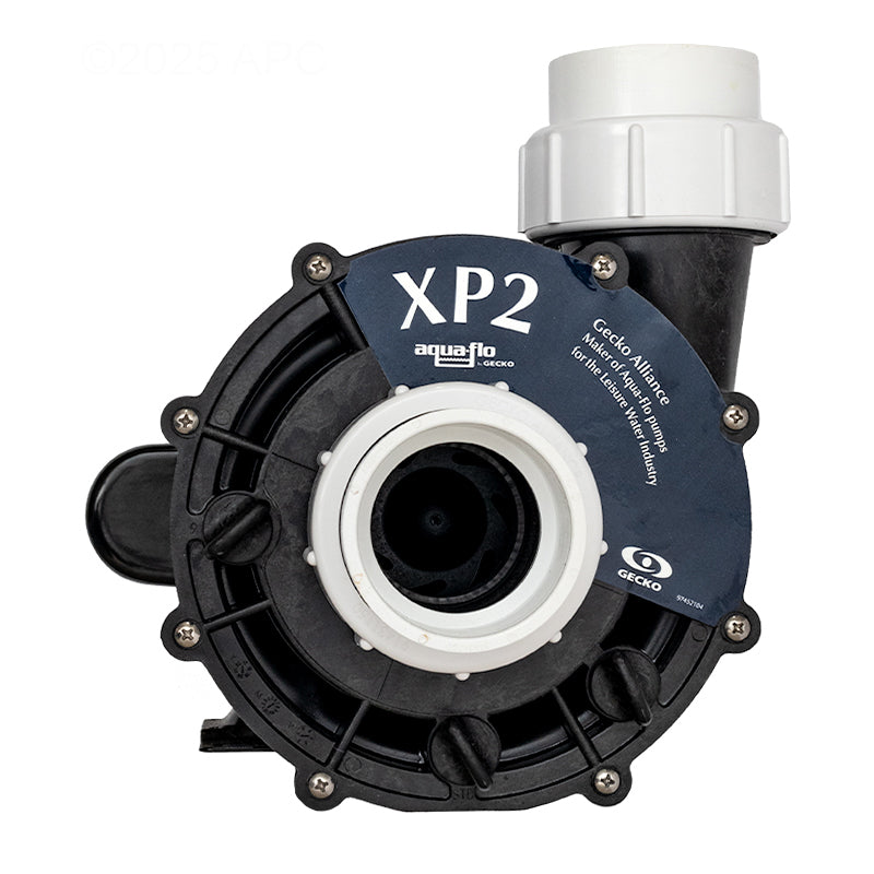Aqua-Flo Flo-Master XP2 2.5HP 230V 2-Speed Spa Pump (AF061250001040) — Front view of the black wet end volute highlighting the central suction intake port, white plumbing union connection, and the circular XP2 Gecko Alliance branding emblem.