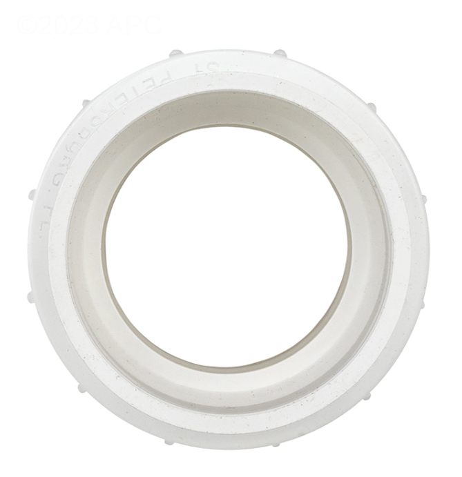 Top view of the AquaCal PLS2627 2-inch Union Nut showing threaded interior for heat pump connection.