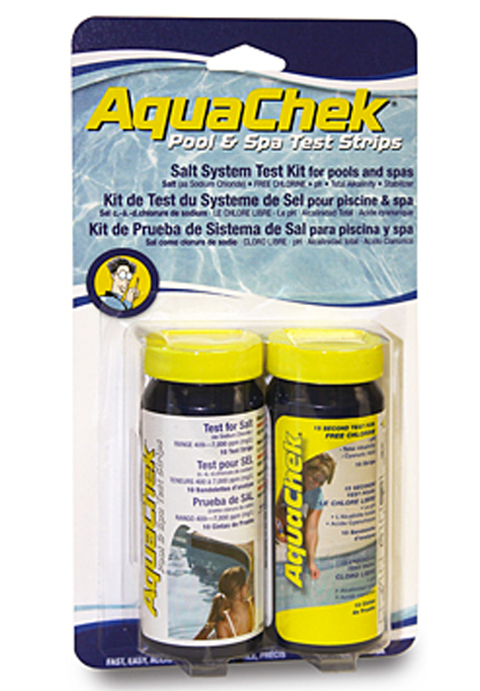 AquaChek 542228A Salt System Test Kit packaging featuring White Salt Titrator and Yellow 4-Way test strip bottles for saltwater pool maintenance.
