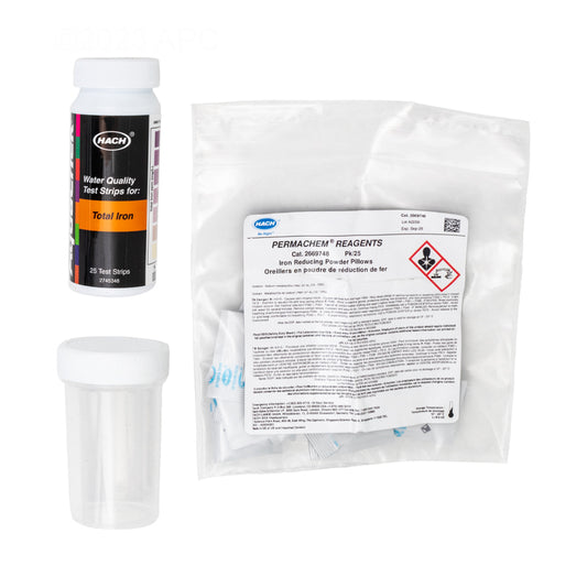 AquaChek 661455E Total Iron test strips kit showing 25 strips, reagent powder pillows, and sample testing vial.