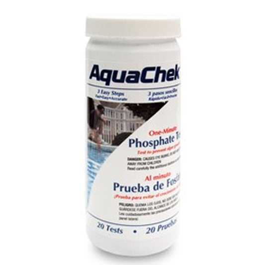 AquaChek 562227 phosphate test strips bottle with testing vial and color chart for pool algae prevention.