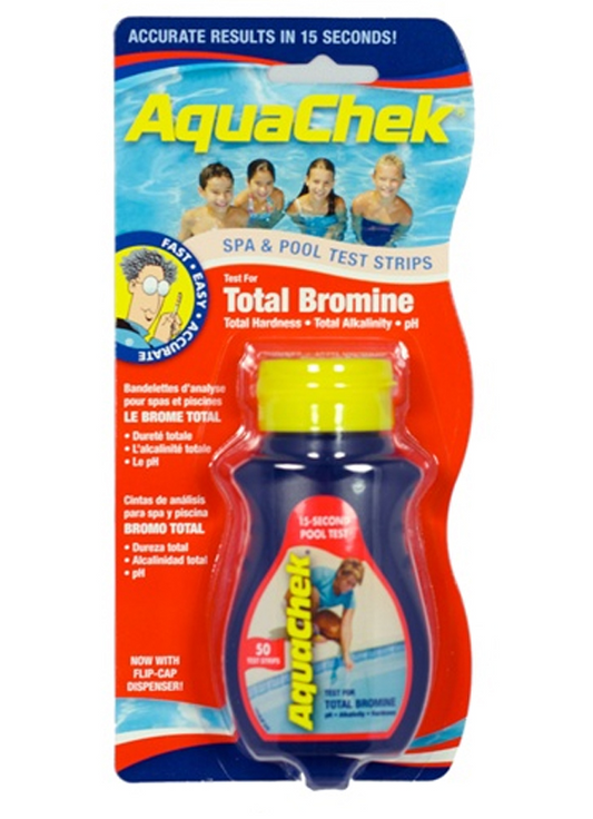 AquaChek Red 521252 4-in-1 Total Bromine, pH, Total Alkalinity, and Total Hardness Test Strips - 50 Count Bottle