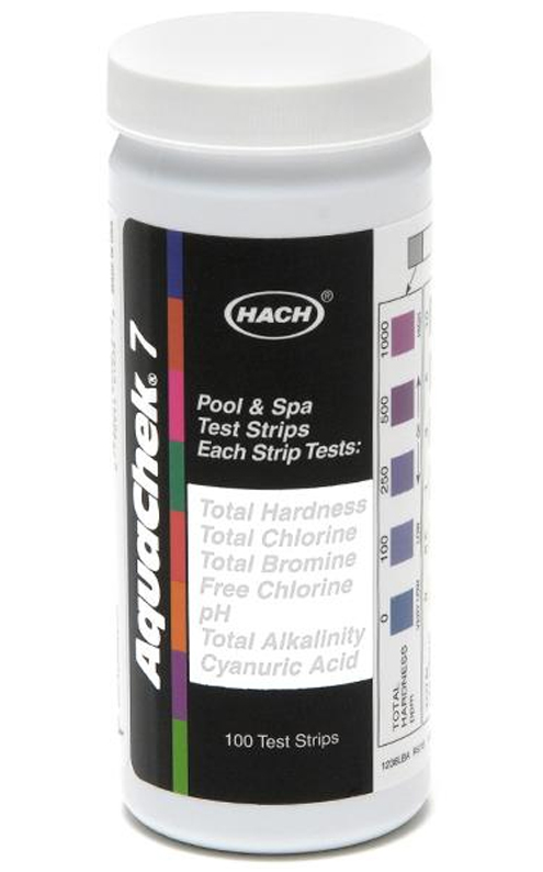Bottle of AquaChek Silver 7-Way pool and spa test strips (100 count) showing the 7-in-1 test parameters including Chlorine, pH, and Cyanuric Acid.