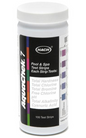 Bottle of AquaChek Silver 7-Way pool and spa test strips (100 count) showing the 7-in-1 test parameters including Chlorine, pH, and Cyanuric Acid.