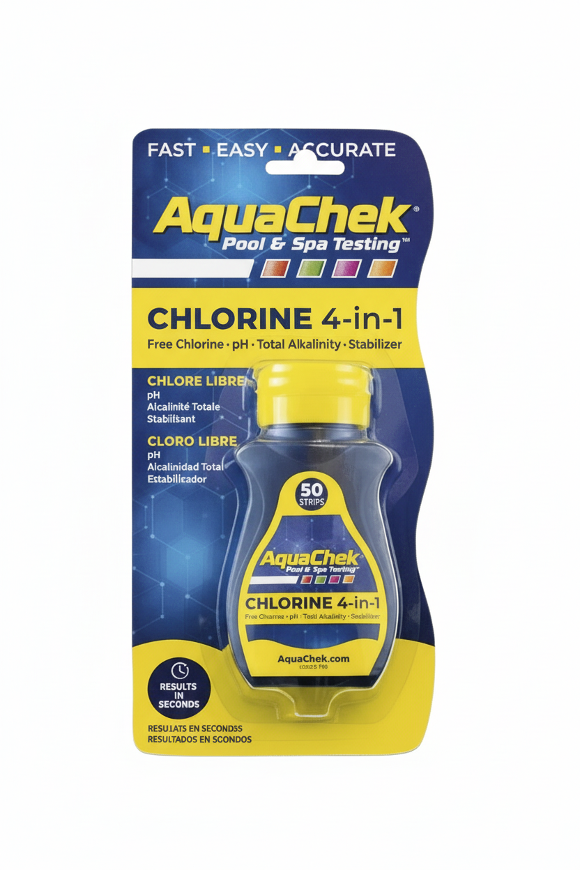 AquaChek Yellow 4-in-1 Pool and Spa Test Strips bottle and packaging for Free Chlorine, pH, Alkalinity, and Stabilizer testing.