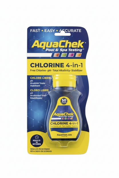 AquaChek Yellow 4-in-1 Pool and Spa Test Strips bottle and packaging for Free Chlorine, pH, Alkalinity, and Stabilizer testing.