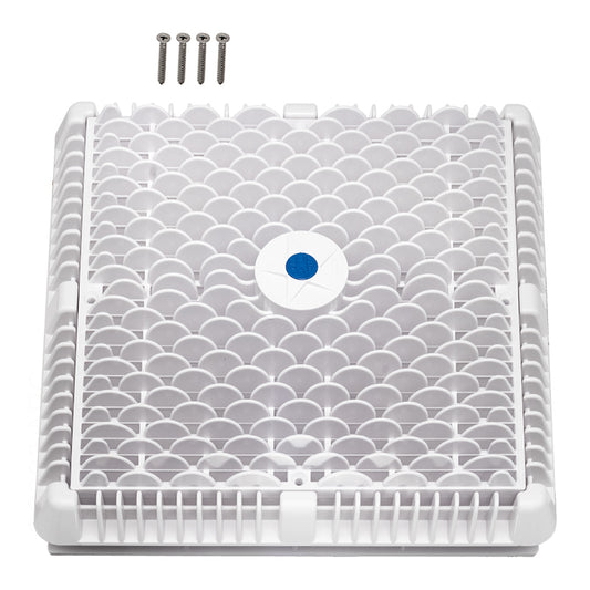 AquaStar WAV12WR101 12 in Wave Anti-Entrapment Cover Vented Riser - Top view showing the square white wave grate, center plug, and four included stainless steel mounting screws.