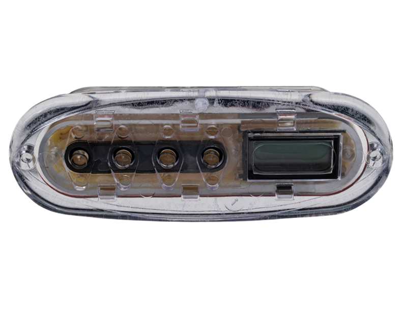 Detailed view of the Balboa G8220 VL200 internal circuit board and LCD display through the clear mini oval housing.