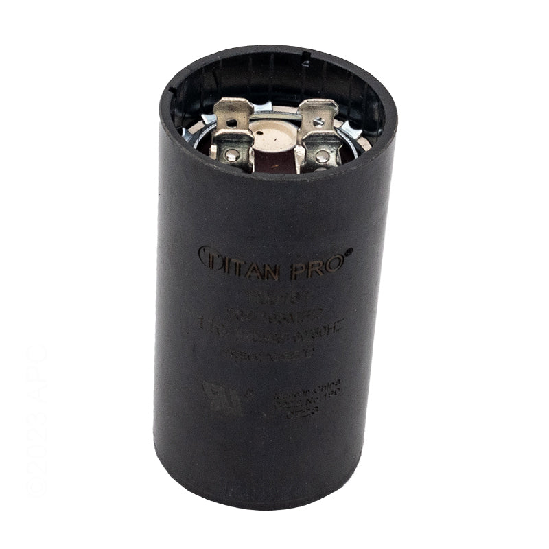 BC-161 pool pump motor start capacitor, 161-193 MFD, 125VAC, top view showing push-on spade electrical terminals