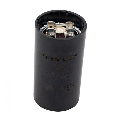 BC-161 pool pump motor start capacitor, 161-193 MFD, 125VAC, top view showing push-on spade electrical terminals