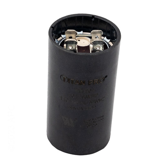 BC-161 pool pump motor start capacitor, 161-193 MFD, 125VAC, top view showing push-on spade electrical terminals
