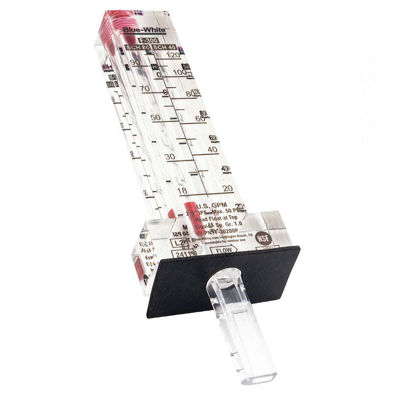 Blue-White F-300 Flowmeter 2" 20-120 GPM F-30200P - Bottom-angled view highlighting the underside of the saddle mount and clear acrylic body