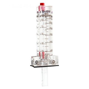 Blue-White F-300 Flowmeter 2" 20-120 GPM F-30200P - Front upright view displaying the clear acrylic body, red internal float, and printed dual GPM/LPM measurement scales