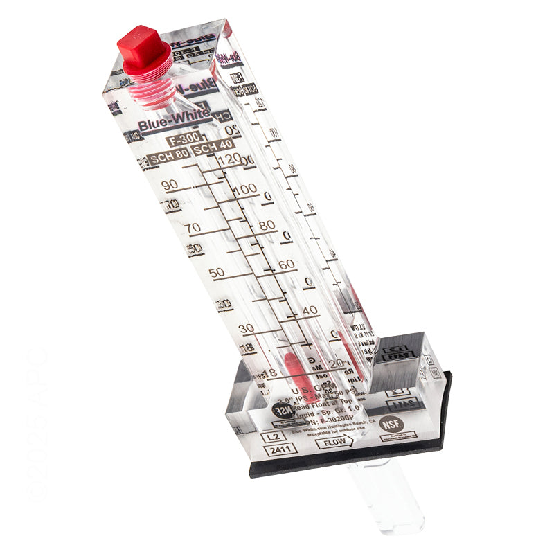 Blue-White F-300 Flowmeter 2" 20-120 GPM F-30200P - Precise top-angled perspective highlighting the clear acrylic body, red top cap, and detailed dual GPM and LPM measurement scales with float.