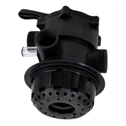 Bottom view of Carvin DVK7C Multiport Valve showing the internal diverter, spoke gasket area, and clamp-style tank connection.