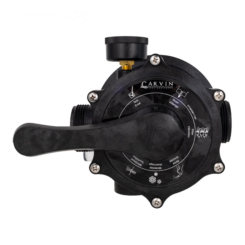Top-down view of the Carvin DVK7C Multiport Valve showing the 7-position control handle, pressure gauge, and Carvin brand logo.