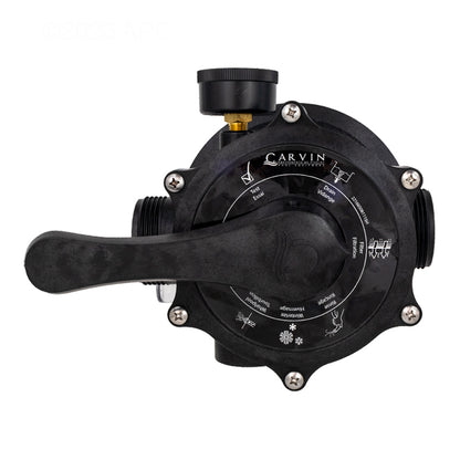 Top-down view of the Carvin DVK7C Multiport Valve showing the 7-position control handle, pressure gauge, and Carvin brand logo.