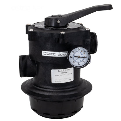 Close-up of Carvin DVK7C Multiport Valve showing the installed pressure gauge, Carvin 39263035K product label, and plumbing ports.
