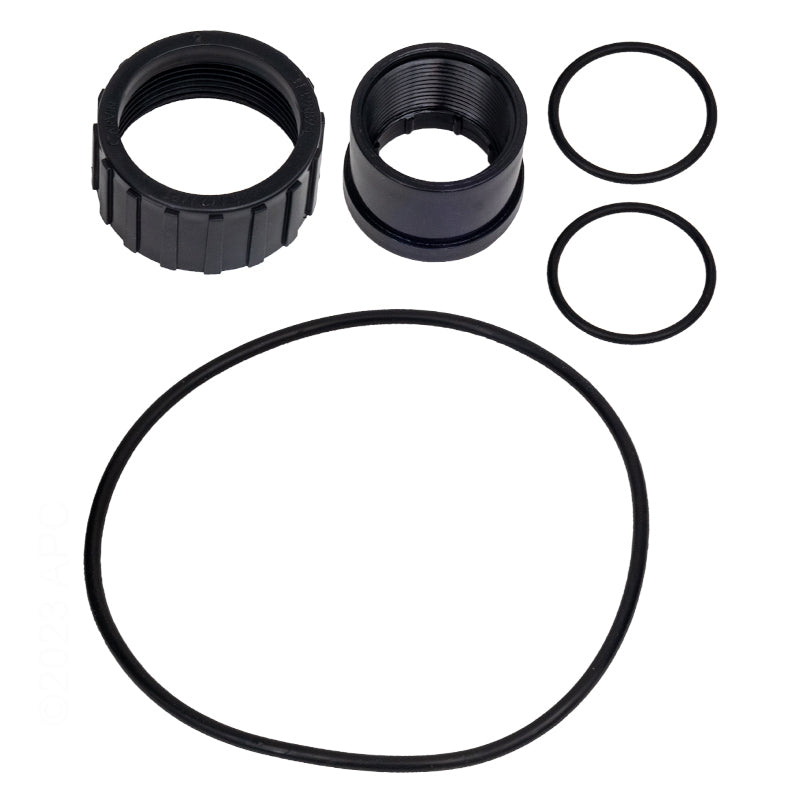 Carvin DVK7C Multiport Valve replacement hardware kit including the main tank O-ring, plumbing unions, and small seal rings.
