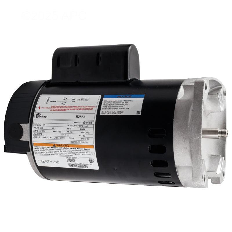 Century B2855 2HP square flange pool pump motor, side profile view showing motor housing