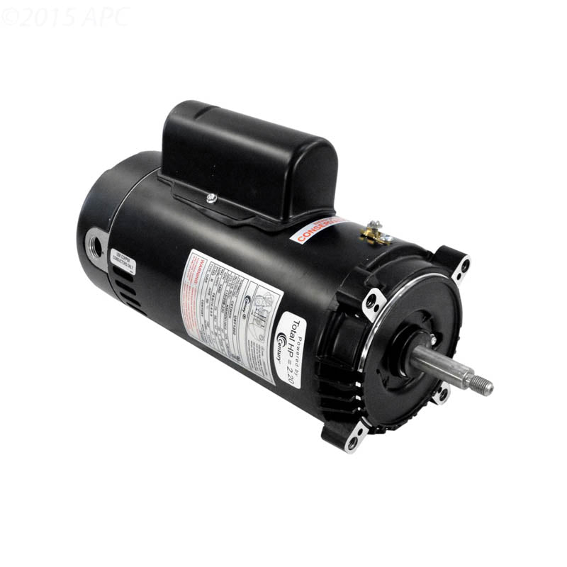 Century UST1202 2 HP 56J Threaded Shaft Pool Pump Motor - Front and side angled view showing the threaded shaft, C-face mounting bolt holes, specification labels, and top wiring terminal compartment.